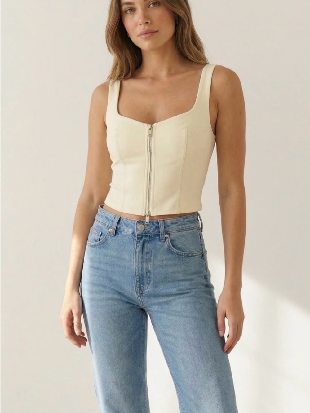 Zara Butter Cream Zip-Up Corset Tank Crop Top - Small